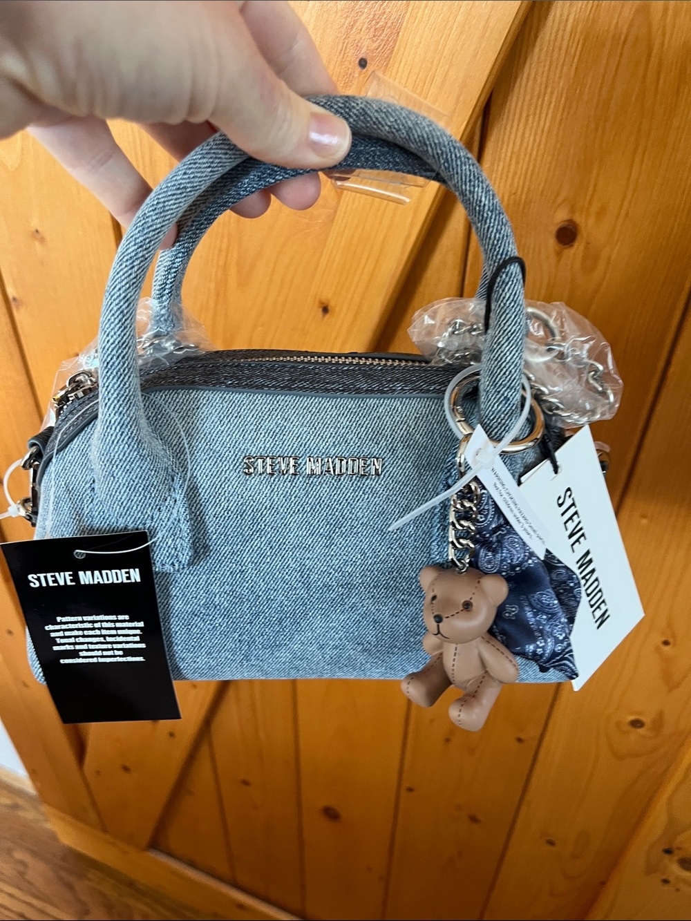 Steve Madden Light Blue Denim Mini Satchel with Bear Charm